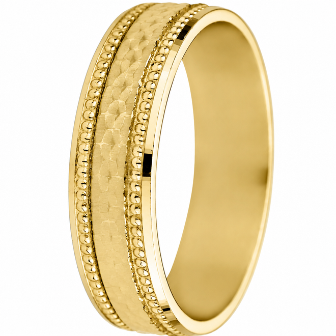 6mm 14K yellow gold wedding band with hammered centre, milgrain detailing and polished edges
