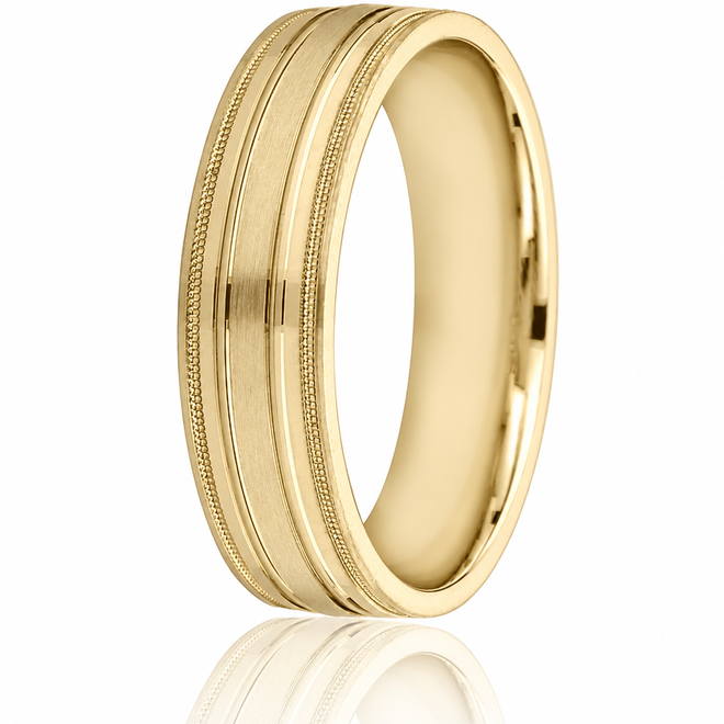 10K yellow gold flat 6mm wedding band with engraved milgrain detail.