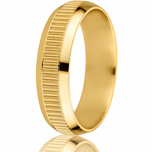 14K yellow-gold 6mm comfort-fit wedding band with beveled edge and engraved coin-ridge centre design