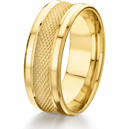 14K yellow gold 6mm wedding band with convex centre and crosshatch engraving