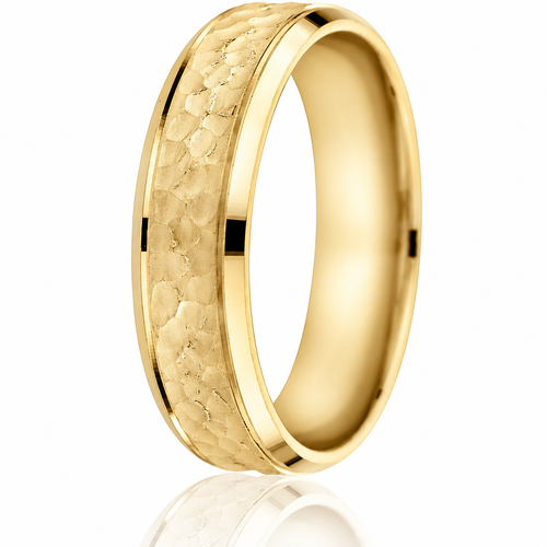 6mm 14K yellow gold wedding band with hammered centre, bright-cut edge and engraved line