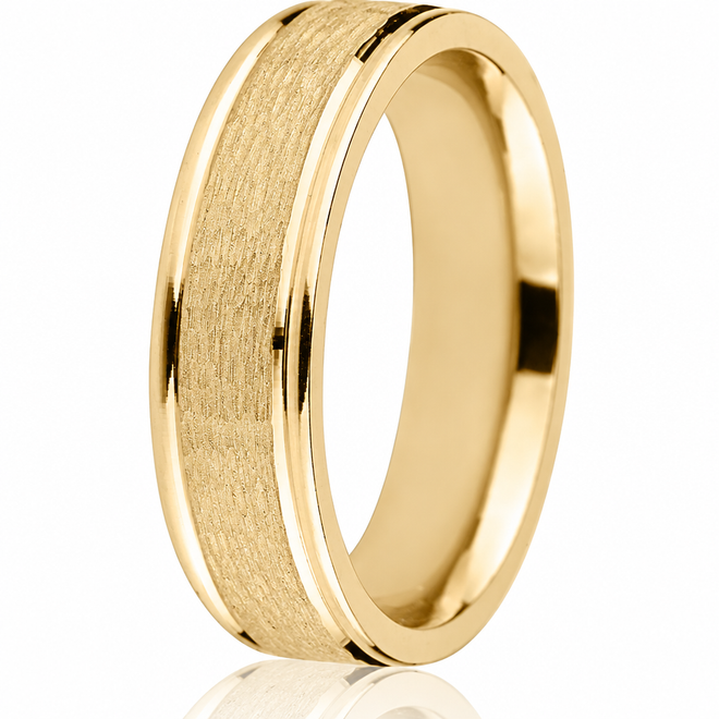 14K yellow gold 6mm engraved wedding band with grooved bright-cut edges and textured brushed centre