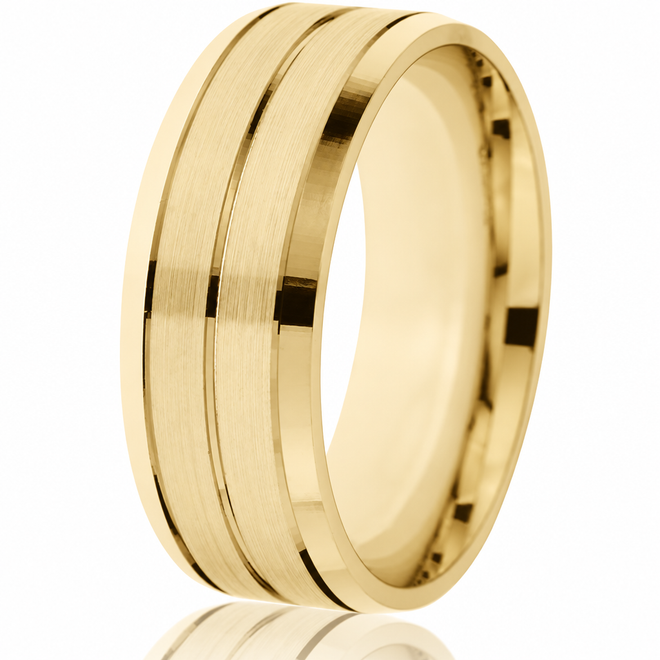 10K yellow gold 8mm wedding band with bevelled edges, sectional grooves and satin finish, model WBF8-2343