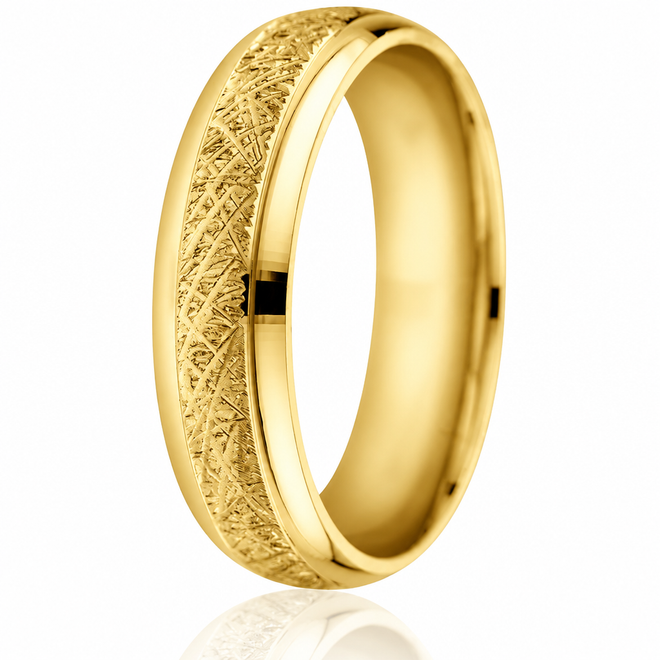 Domed, beveled-edge 14k yellow gold 6mm comfort-fit wedding ring with centre etching engraving