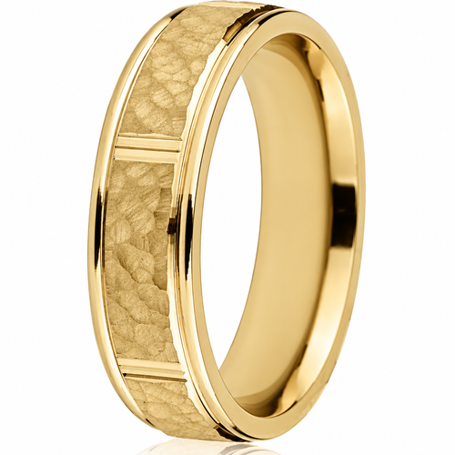14K yellow gold 6mm hammered sectional wedding band with vertical bright cuts and stepped edge