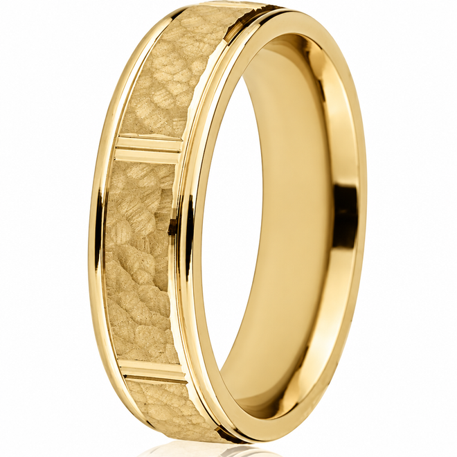 14K yellow gold 6mm hammered sectional wedding band with vertical bright cuts and stepped edge