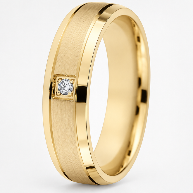 10K yellow gold 6mm comfort-fit wedding band with bevelled edges, a bright groove, satin-finish centre and one natural brilliant diamond.