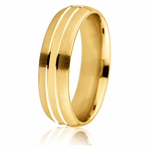 14K yellow gold 6 mm wedding ring with a domed profile, comfort fit and defined engraved grooves