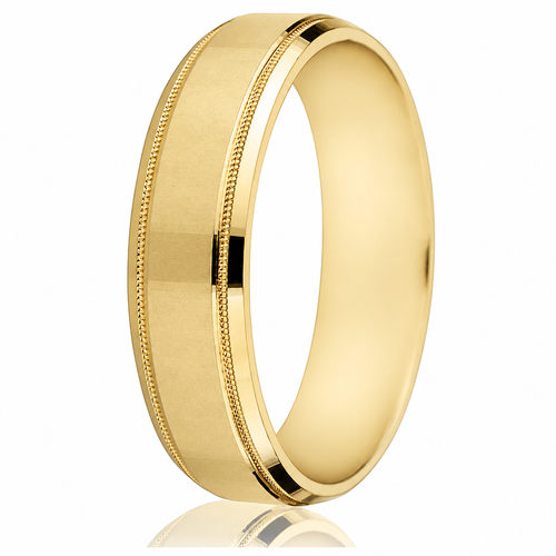 14K yellow-gold 6mm comfort-fit wedding band with beveled edge, milgrain detail and satin-finish centre