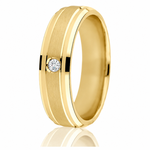 14K yellow gold 6mm wedding band with satin-finish centre, bright stepped edges and one round 0.05 ct diamond