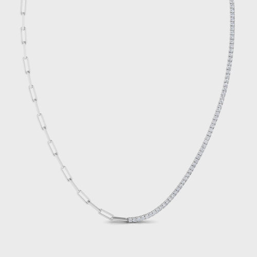 Half Tennis Lab Grown Diamond Necklace with Paper Clip Chain (4.00 Total Carat weight F+ Color VS+ Clarity)