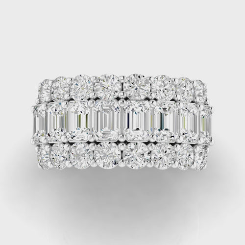 14 Karat Three Row Emerald-Cut and Round Lab Grown Diamond Ring (4.00 Carat Total Weight F+ Color-VS+ Clarity)