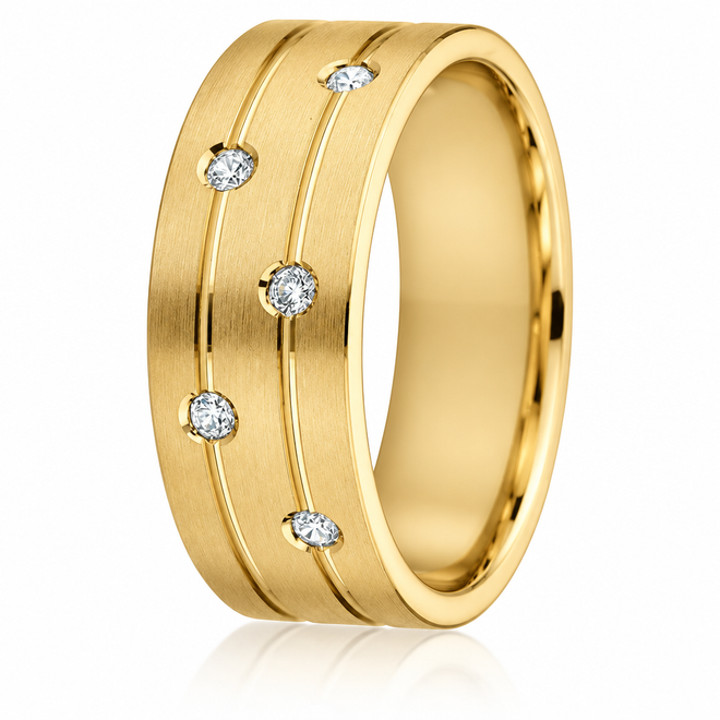 Yellow gold version of the 10k wedding ring with diamonds