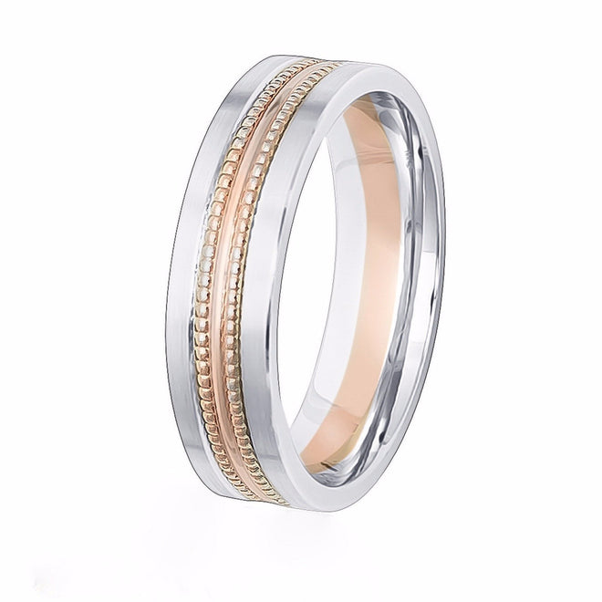 Notable flat two-tone comfort-fit wedding band featuring a braided yellow gold inlay in the centre.