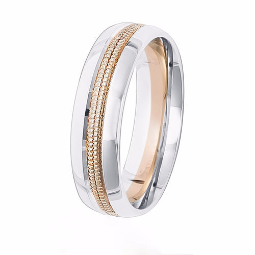 Two-tone comfort fit wedding band with a white gold base and a  double milgrain row in center.
