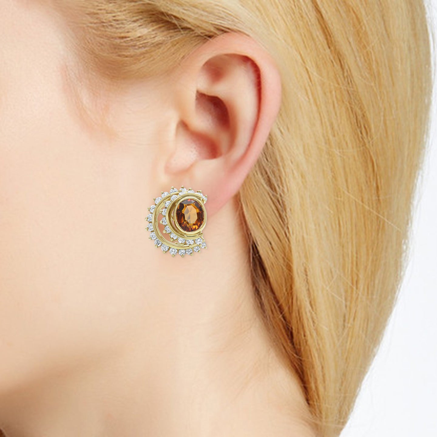 Citrine and two tier diamond row earring on ear