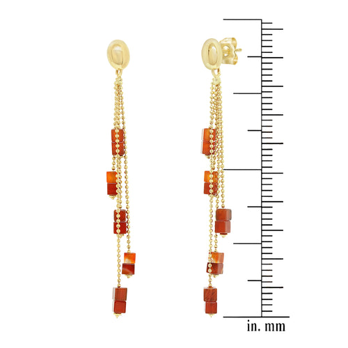 pair of 18k yellow gold ball chain drop earrings attached with rectangular tiger eye sections for casual wear.