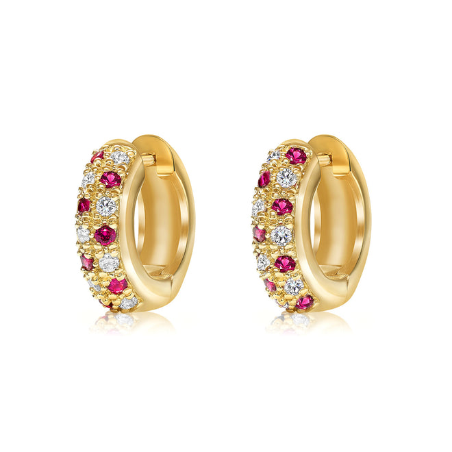 Diamond and ruby "huggy" style earrings in 18k yellow gold