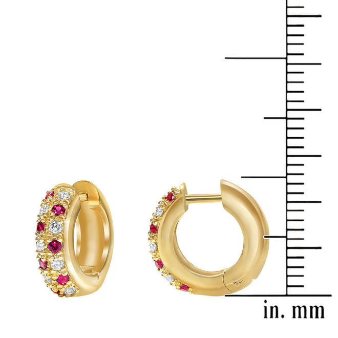 Diamond and ruby "huggy" style earrings in 18k yellow gold