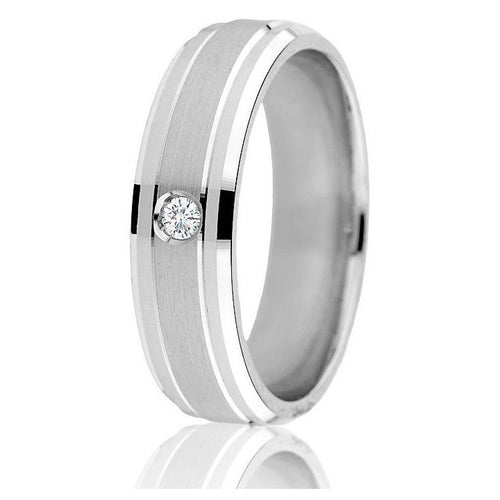 Bright step cut edge with a satin finish centre highlights the one round 0.05 ct diamond in this 14k white gold band.