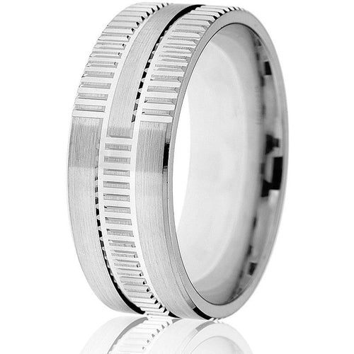 Alternating "coin ridge" and flat sections combine to give this 6mm flat  comfort-fit wedding band a distinctive appeal in 14k white gold.