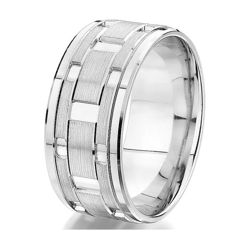 Dynamic 10 mm white gold ring with white gold polished sectionals and a contrasting satin finish.