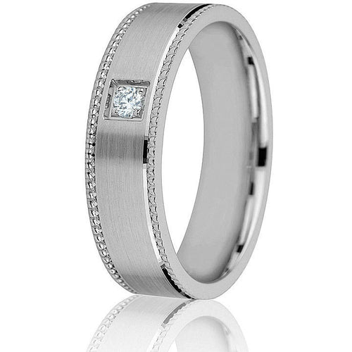 Spectacular 6 mm flat comfort-fit wedding band eaturing milgrain detail with a satin finish centre highlighted with one round natural diamond (0.05 cts).
