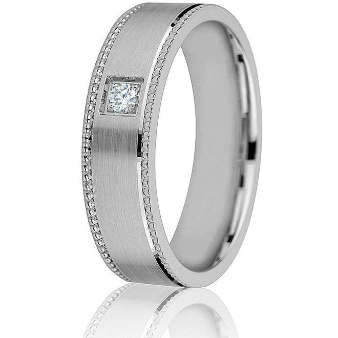 Spectacular 6 mm flat comfort-fit wedding band eaturing milgrain detail with a satin finish centre highlighted with one round natural diamond (0.05 cts).