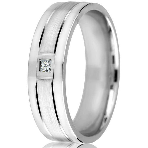 Sleek, sophisticated 6 mm comfort-fit diamond cut bright line wedding band, satin finish centre with a square diamond (0.05).