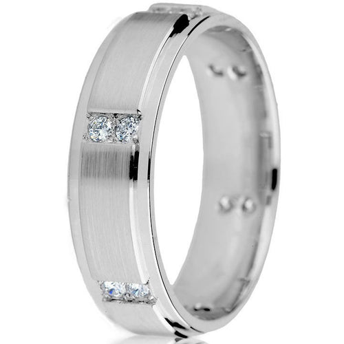 Bright lines and diamond sectionals make this 6mm white gold wedding ring a modern classic with 12 round natural brilliants (0.24 cts TW)