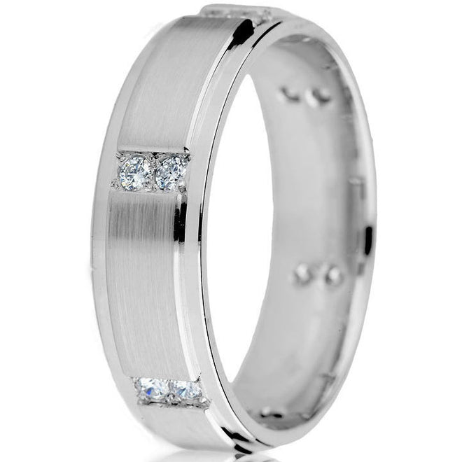 Bright lines and diamond sectionals make this 6mm white gold wedding ring a modern classic with 12 round natural brilliants (0.24 cts TW)