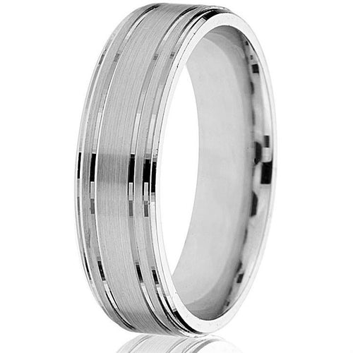 Distinguished classic flat 6 mm engraved band with a satin finish in 14k white gold.