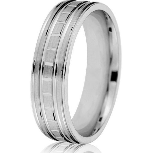 Comfort fit 6 mm engraved wedding ring with an engraved sectional centre and great detailing in white gold.