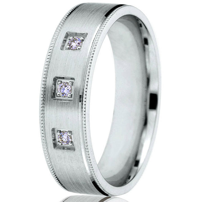 Comfort fit milgrain edge and 3 round diamonds wedding band