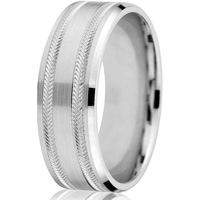 Classic flat engraved 8 m.m. band with herringbone engraving on a bright white gold base.