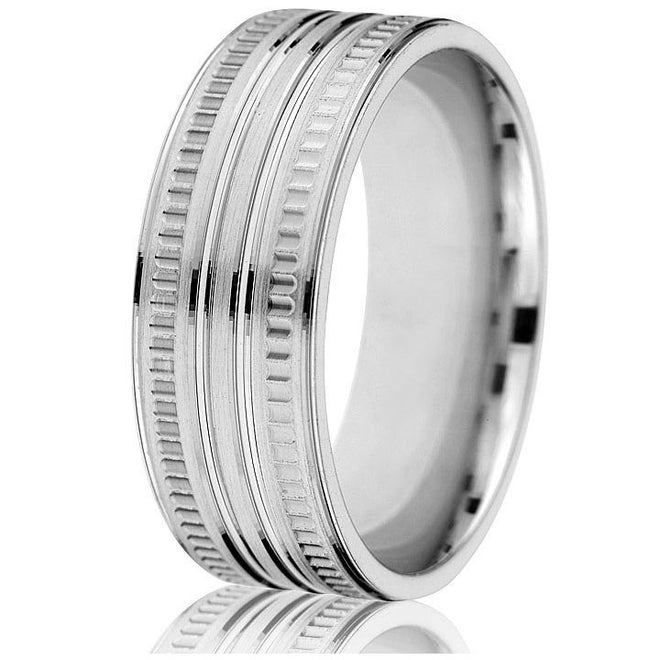 An 8mm comfort-fit wedding band with coin ridging and bright engraved lines circling the band in white gold.