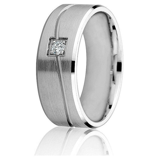 Contemporary "swirl" effect focuses on the round natural brilliant centre diamond. (0.07 cts). of this bright cut edge and satin finish wedding band.