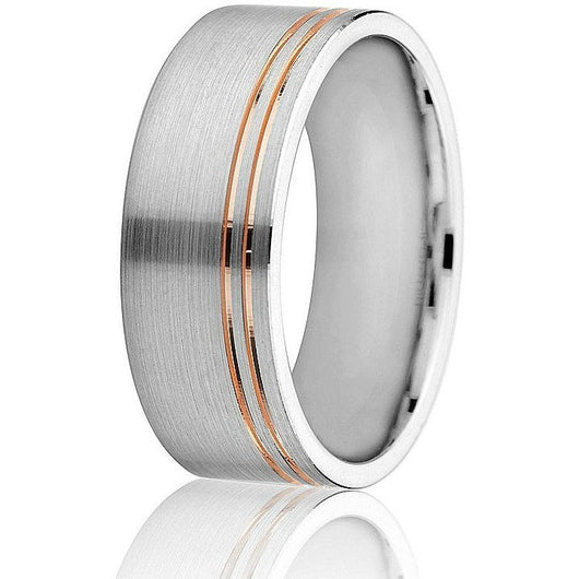 Modern white gold comfort-fit 8mm wedding ring with two off-set yellow gold inlay lines circling the band in 14k gold.