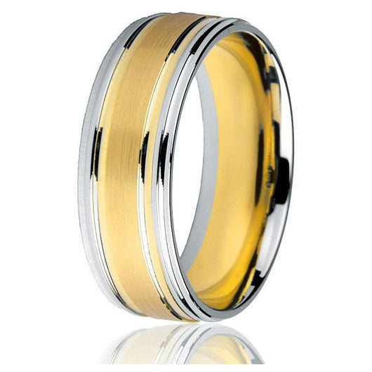 Classic gents' 8 mm flat comfort-fit band two-tone yellow gold and white gold with a stepped bright edge in 14k gold.