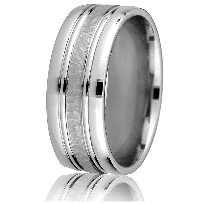 Eye-catching 8mm white gold comfort-fit wedding band with wide polished borders and a hammer finish in the centre.