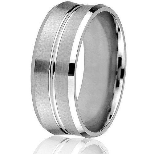 Convex bevelled edge with two bright grooves in centre circling this 8mm comfort fit wedding band in 10k white gold.