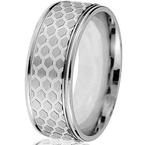 Unique "honeycomb" design in this 8 mm band with an engraved edge in 10k white gold comfort fit.
