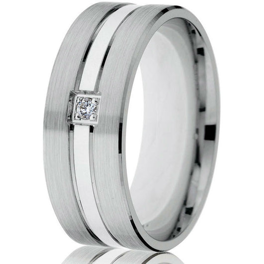 Three-strip sectional wedding band with diamond in white gold