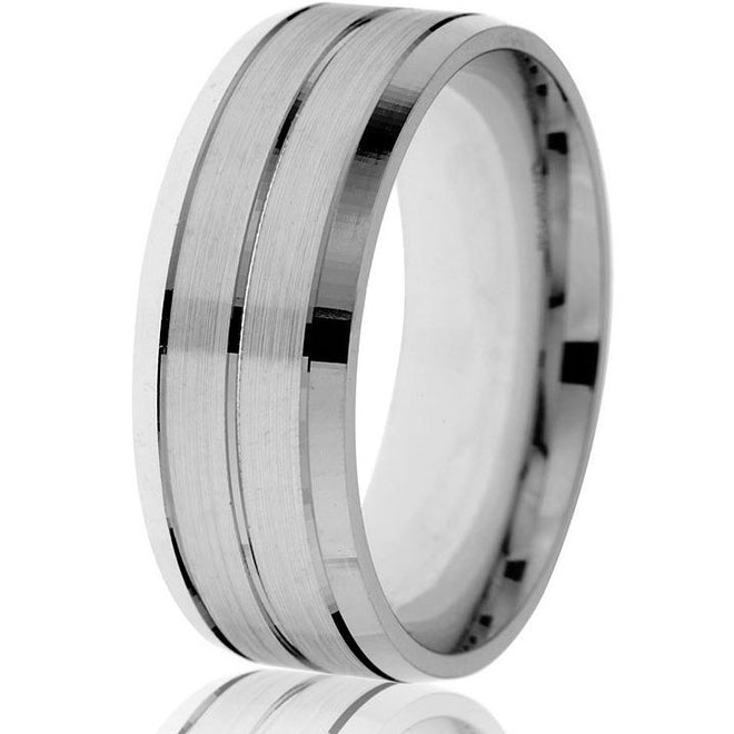 Striking, bright bevelled edge with sectional grooves in this 8mm wedding band with a satin finish in white gold.