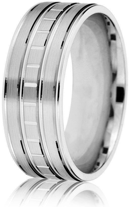 Smart crisp sectional engraving on this three-strip 6mm comfort-fit band make this ring very impressive in 10k white gold.