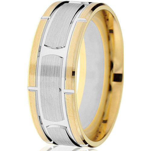 Dynamic 14k two-tone comfort-fit 8mm wedding band with engraved white gold inlay and vertical grooves.