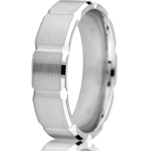 This 6 mm comfort-fit wedding band features bold engraved rectangular sections with a satin finish in 14k white gold.