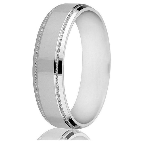 A beveled edge, milgrain detail and a satin finish centre make this 14k 6mm flat comfort-fit band notable.