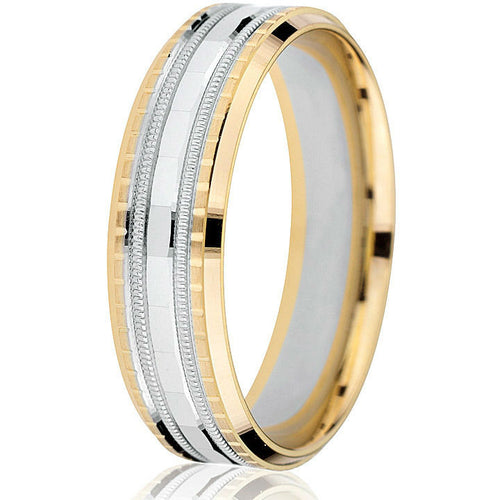 A bright cut edge followed by sectional engraving with a white gold milgrain detail and beveled white gold inlay create a stunning  6mm two-tone wedding band in 14k.