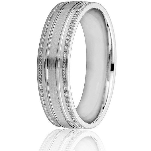 Distinguished classic flat engraved 6mm band with milgrain detail in white gold.